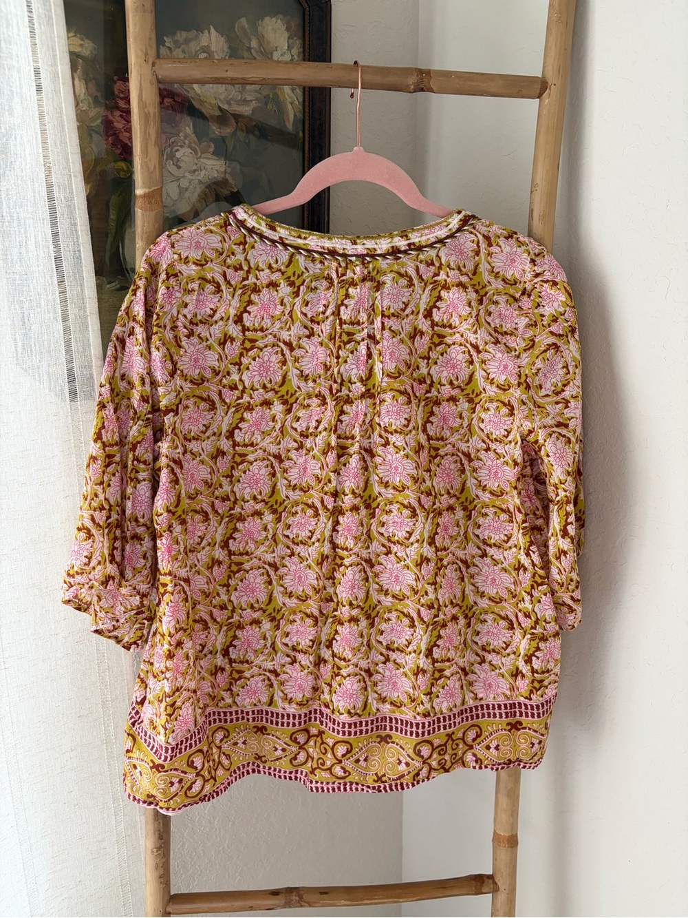Sigrid Olsen Pink and Olive Floral Tassel Boho Blouse Medium - Picture 4 of 6